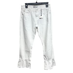 Zara Basics Jeans Kick Crop Ruffle Flounce White Denim Frill Frayed Hems 4 NWT